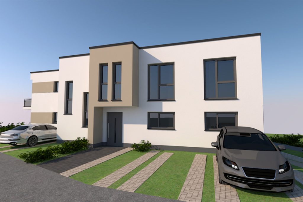 Rendering modernes Mehrfamilienhaus mit Eigentumswohnungen in Leiwen